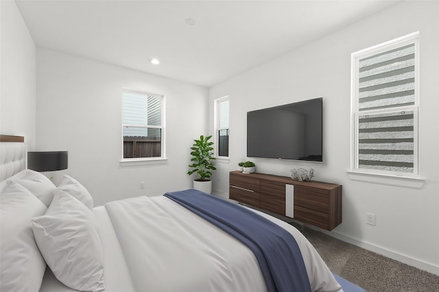 bedroom featuring baseboards, carpet flooring, and recessed lighting