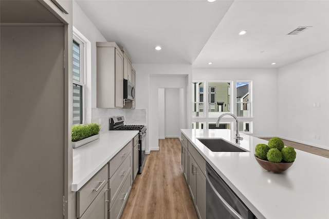 kitchen with a sink, stainless steel appliances, light countertops, gray cabinetry, and visible vents