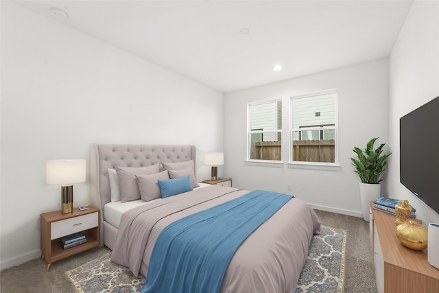 carpeted bedroom featuring recessed lighting and baseboards