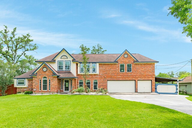 view of front of house with fence, a shingled roof, driveway, a front yard, and a garage