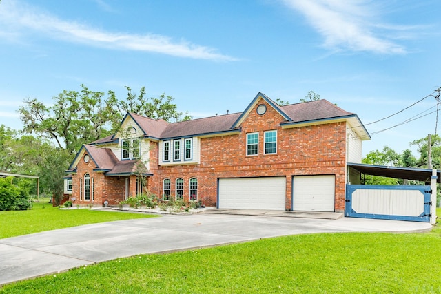 traditional-style home with concrete driveway, a shingled roof, an attached garage, a front yard, and brick siding