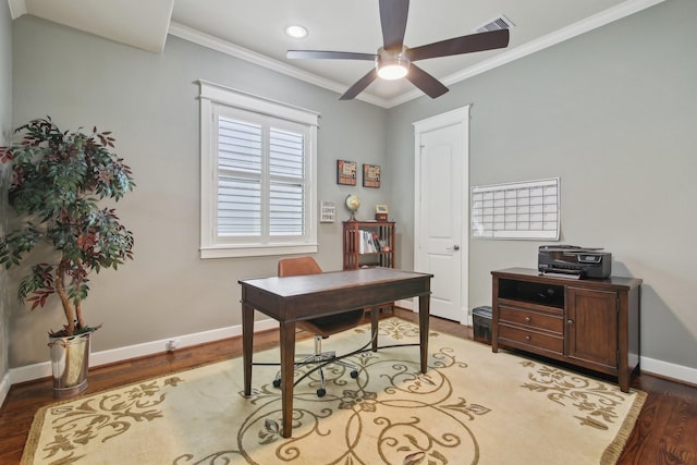office area featuring baseboards, a ceiling fan, wood finished floors, and crown molding