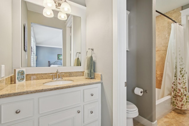 full bathroom featuring toilet, vanity, ornamental molding, and shower / bath combination with curtain