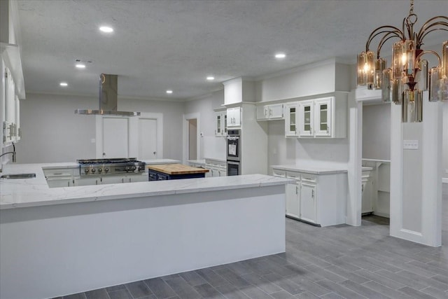 8407 Rebawood Dr, Humble, TX 77346 - kitchen with appliances with stainless steel finishes, a sink, range hood, a peninsula, and recessed lighting