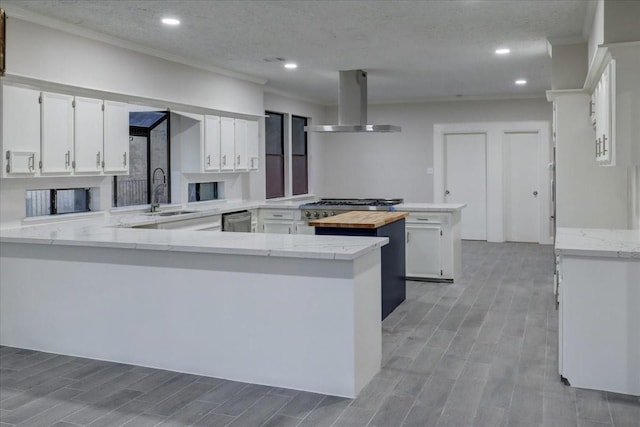 kitchen with ornamental molding, a peninsula, range hood, and white cabinets