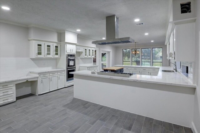 kitchen with a peninsula, a sink, recessed lighting, island range hood, and appliances with stainless steel finishes