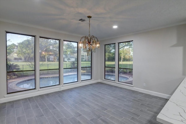 8407 Rebawood Dr, Humble, TX 77346 - unfurnished dining area featuring baseboards, a chandelier, recessed lighting, and crown molding