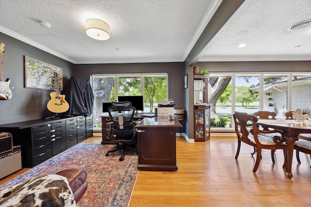 office space with crown molding, a textured ceiling, and light wood-style floors