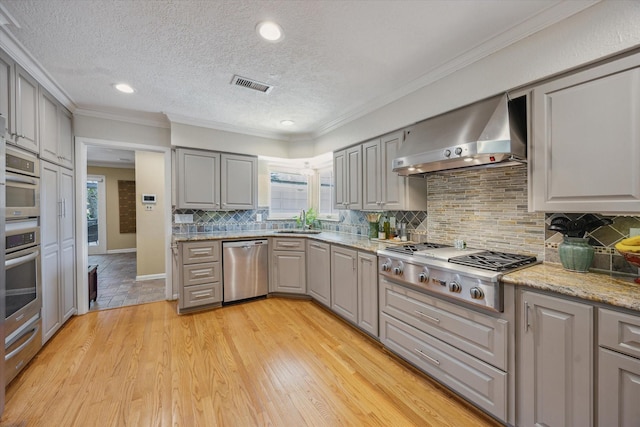 kitchen with a sink, plenty of natural light, stainless steel appliances, wall chimney exhaust hood, and gray cabinetry