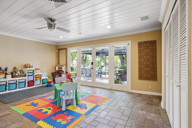 game room with french doors, a ceiling fan, visible vents, and baseboards