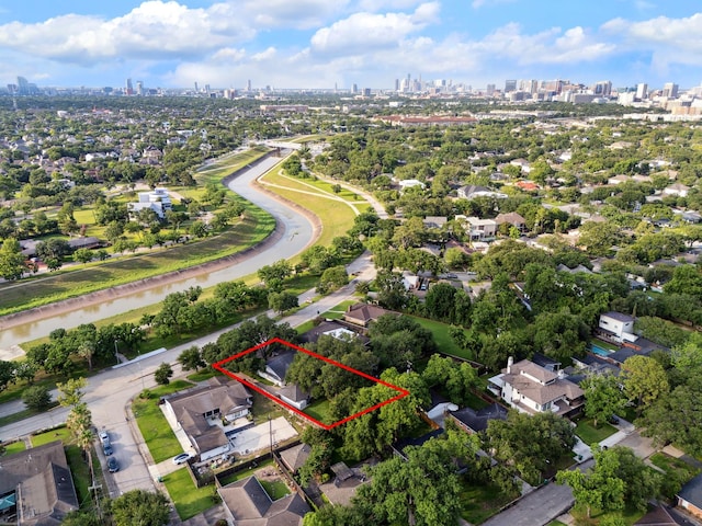 3511 S Braeswood Blvd, Houston, TX 77025 - aerial view of property's location with skyline and property parcel outlined