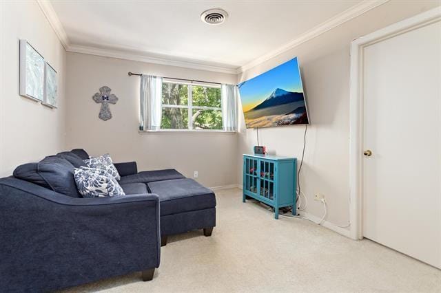 living area with carpet floors, visible vents, baseboards, and ornamental molding