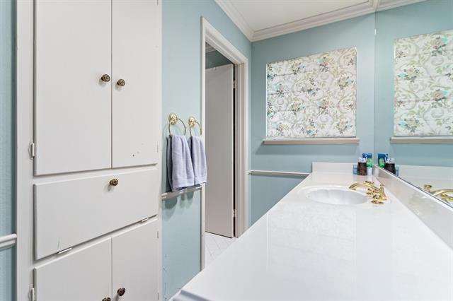 bathroom featuring crown molding and vanity
