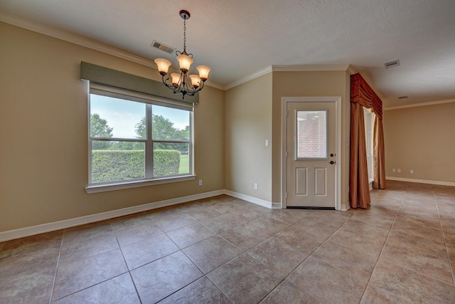unfurnished room with visible vents, ornamental molding, a notable chandelier, and light tile patterned floors