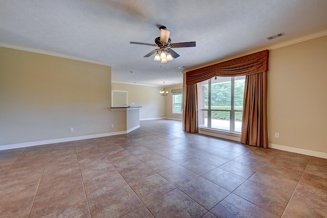 unfurnished room with a textured ceiling, baseboards, visible vents, ceiling fan with notable chandelier, and crown molding