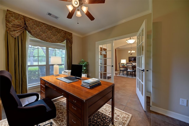 office with french doors, baseboards, visible vents, ceiling fan, and ornamental molding