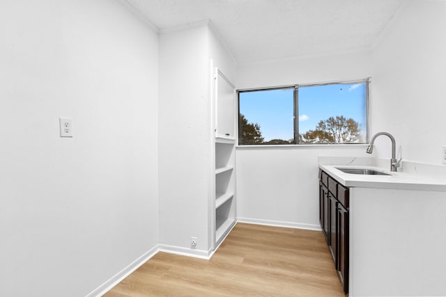 kitchen with light countertops, a sink, crown molding, baseboards, and light wood-style flooring