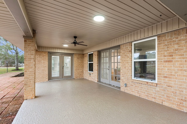 view of patio with french doors and a ceiling fan