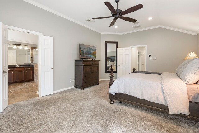 bedroom with crown molding, baseboards, light colored carpet, and visible vents