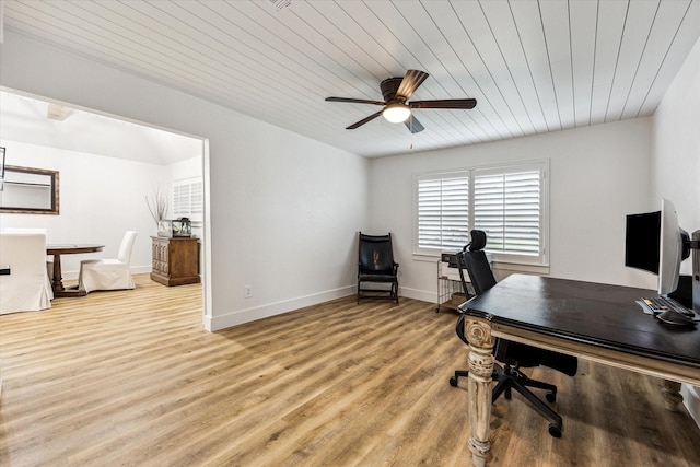 office space featuring wood ceiling, ceiling fan, baseboards, and light wood-type flooring