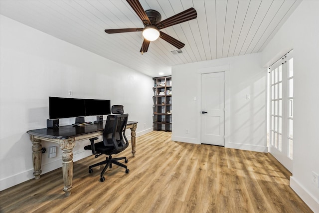 office with visible vents, baseboards, a ceiling fan, wood finished floors, and wooden ceiling