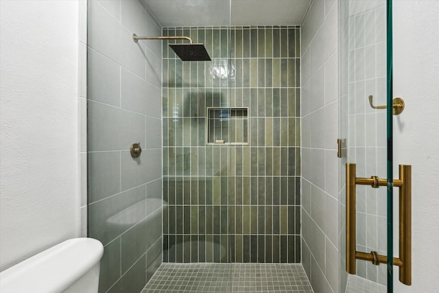 full bathroom with toilet and a stall shower