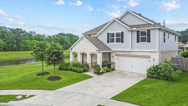 8804 Ute Creek Ln, Magnolia, TX 77354 - craftsman inspired home with driveway, stone siding, a water view, a front yard, and a garage