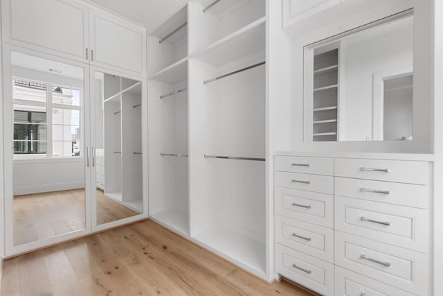 walk in closet with light wood-style flooring