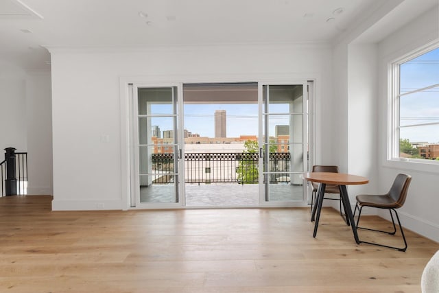 doorway with baseboards, light wood-style floors, and ornamental molding