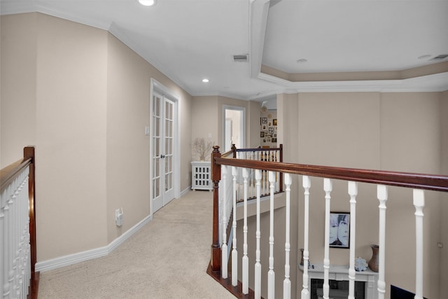 11409 E Zoe Loop Dr, Montgomery, TX 77316 - hall featuring an upstairs landing, carpet floors, baseboards, recessed lighting, and crown molding