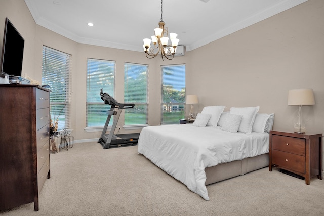 11409 E Zoe Loop Dr, Montgomery, TX 77316 - carpeted bedroom featuring a chandelier, crown molding, a wall mounted air conditioner, recessed lighting, and baseboards