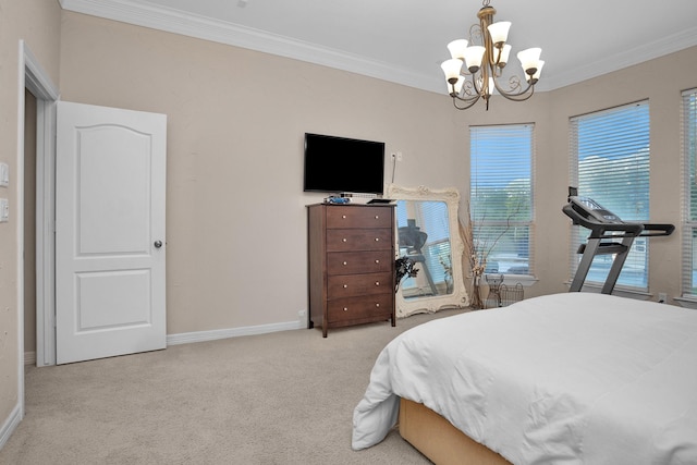11409 E Zoe Loop Dr, Montgomery, TX 77316 - bedroom featuring a chandelier, ornamental molding, light colored carpet, and baseboards