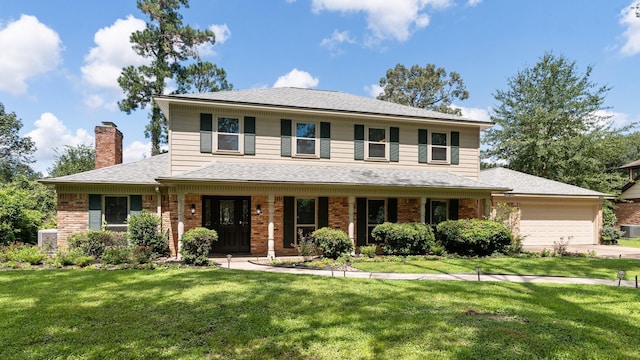 view of front of house with an attached garage, a chimney, brick siding, and a front yard