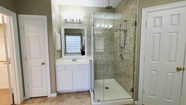 bathroom featuring a stall shower, tile patterned floors, and vanity
