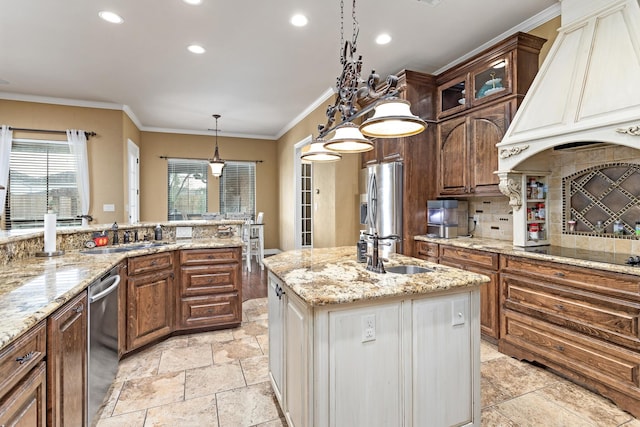 101 Sir Cameron, Lumberton, TX 77657 - kitchen with a sink, custom exhaust hood, stainless steel appliances, stone tile floors, and recessed lighting