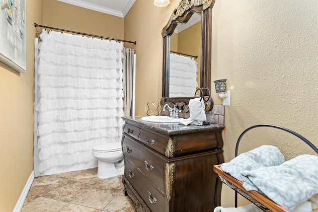 101 Sir Cameron, Lumberton, TX 77657 - full bath featuring ornamental molding, vanity, toilet, baseboards, and curtained shower