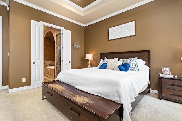 101 Sir Cameron, Lumberton, TX 77657 - bedroom with light colored carpet, baseboards, crown molding, and ensuite bathroom