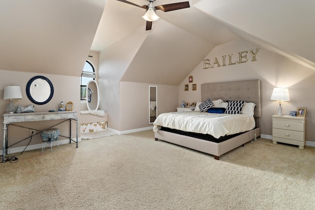 101 Sir Cameron, Lumberton, TX 77657 - bedroom featuring carpet floors, vaulted ceiling, baseboards, and a ceiling fan