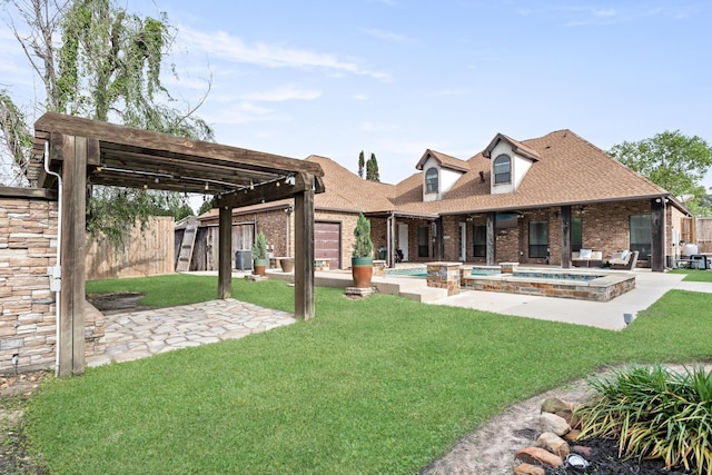 101 Sir Cameron, Lumberton, TX 77657 - rear view of property featuring brick siding, an outdoor hot tub, a shingled roof, and a patio