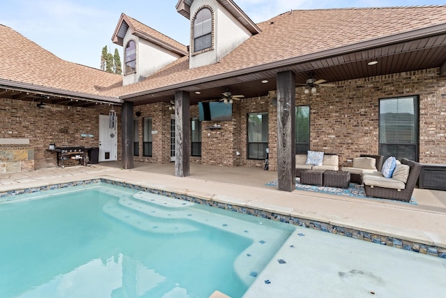 101 Sir Cameron, Lumberton, TX 77657 - rear view of property with ceiling fan, an outdoor living space, brick siding, and area for grilling