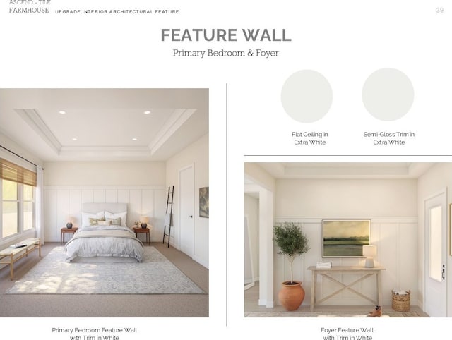 bedroom with recessed lighting, a raised ceiling, and a decorative wall