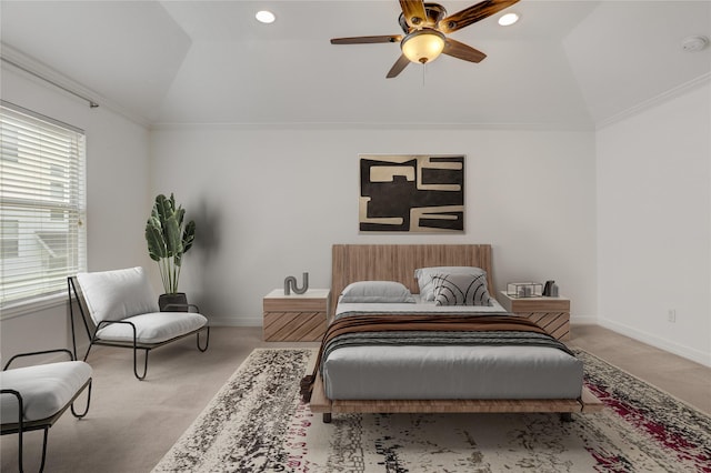 bedroom with recessed lighting, vaulted ceiling, baseboards, and carpet