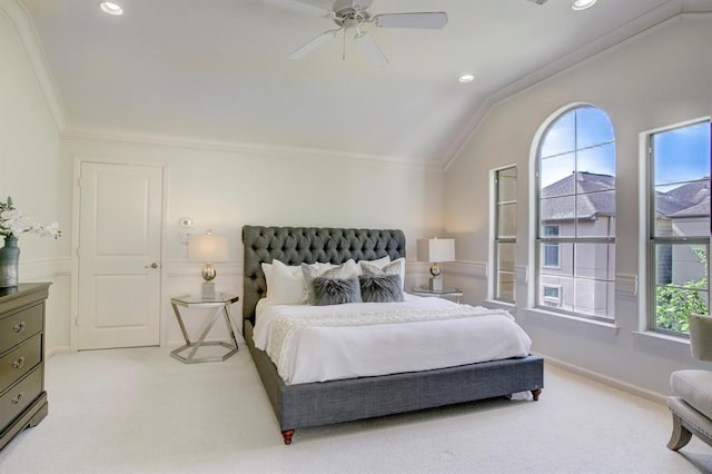 bedroom with recessed lighting, vaulted ceiling, light carpet, and ornamental molding