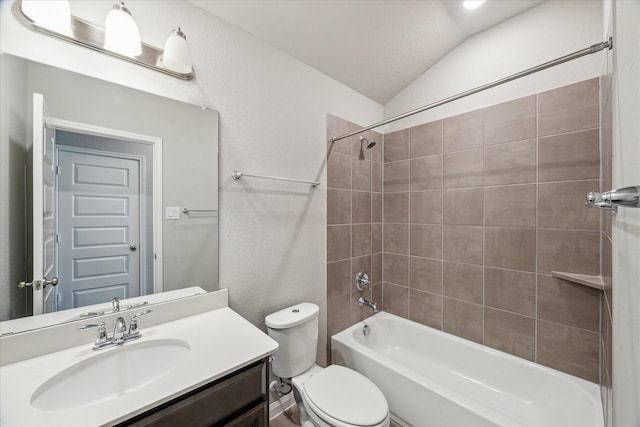 bathroom featuring toilet, shower / bathtub combination, vanity, and lofted ceiling