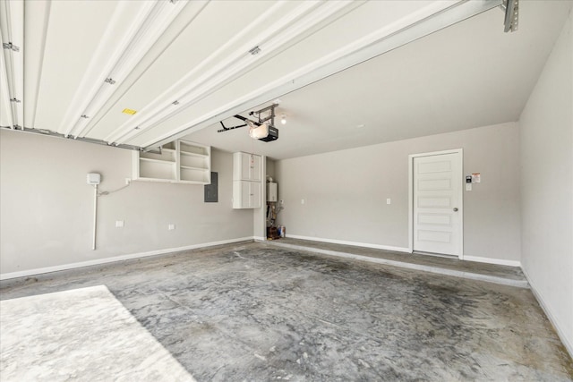 garage featuring electric panel, baseboards, and a garage door opener