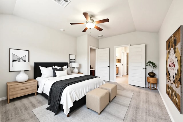 bedroom featuring light colored carpet, lofted ceiling, visible vents, and baseboards