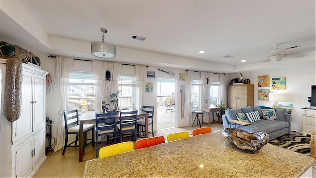 dining space featuring a ceiling fan, visible vents, and recessed lighting