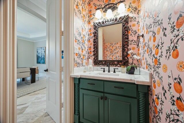bathroom featuring crown molding, wallpapered walls, marble finish floor, and vanity