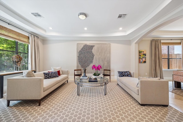 living area featuring visible vents, a raised ceiling, and a healthy amount of sunlight