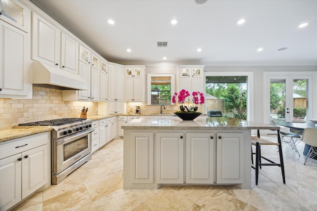 kitchen featuring decorative backsplash, stainless steel gas stove, a sink, ornamental molding, and custom range hood